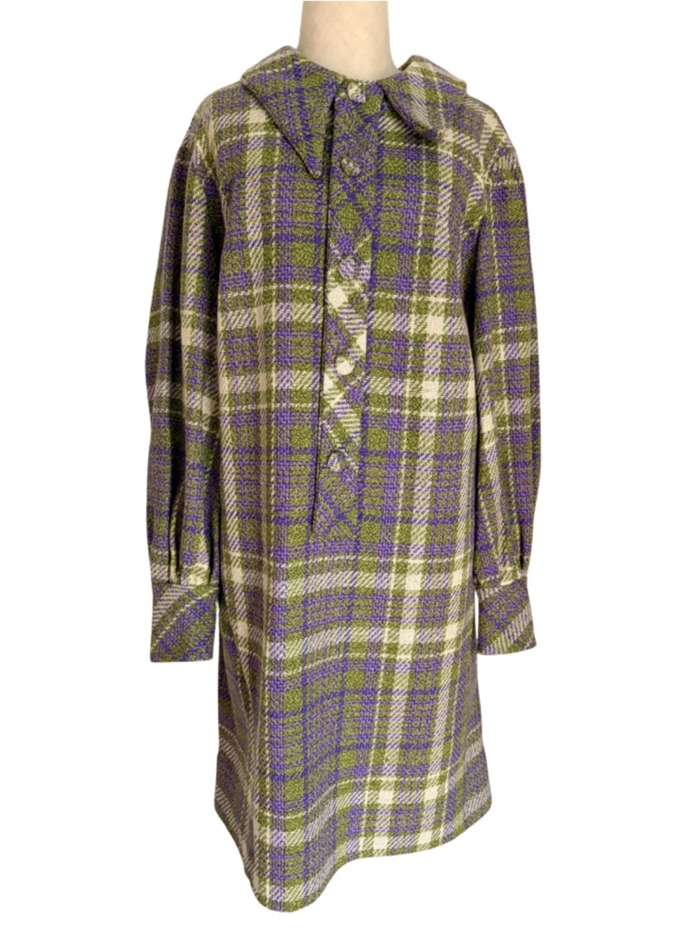 60s Vintage Green Purple Plaid Wool Tweed Long Sleeve Sheath Dress Collar